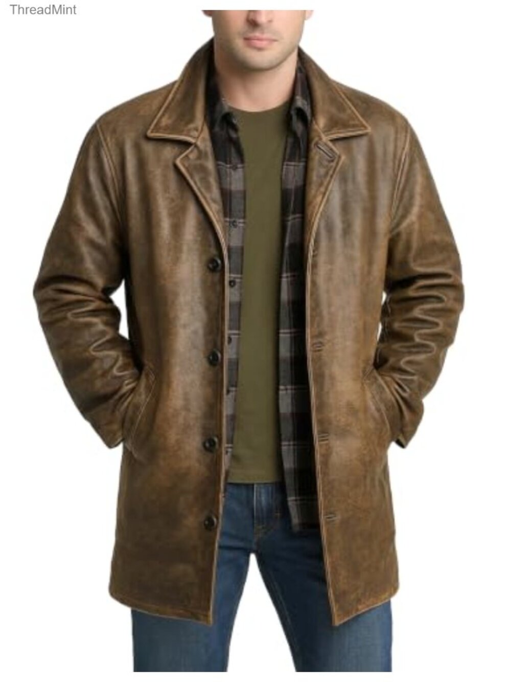 Men's Genuine Leather Trench Coat Mid-Length Blazer